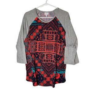 LuLaRoe‎ Randy Baseball Tee 3XL Grey Coral Green Tribal Print 3/4 Sleeve